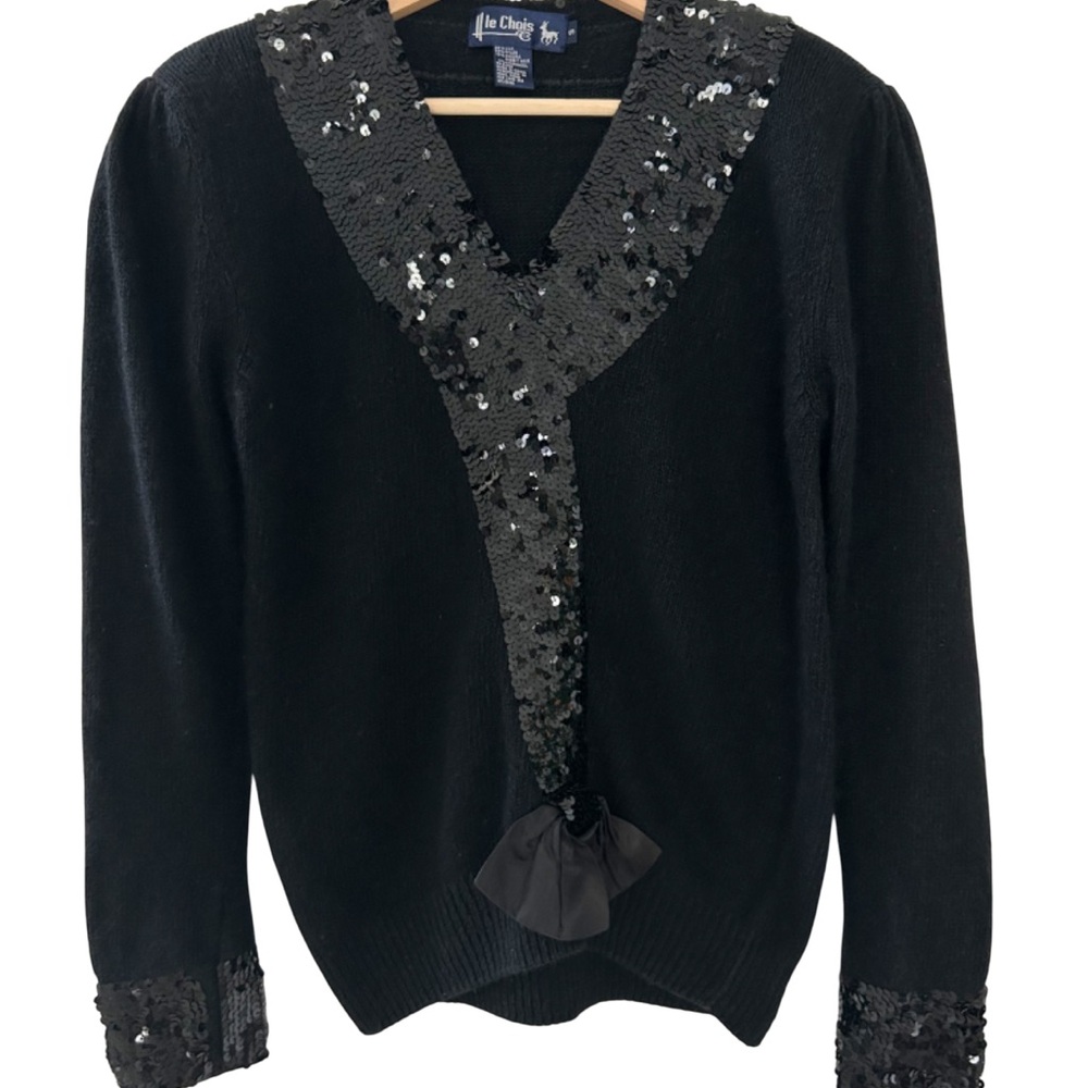 Le Chois Vintage Black V-Neck Sweater Sequin Embellishments Elegant Whimsigoth